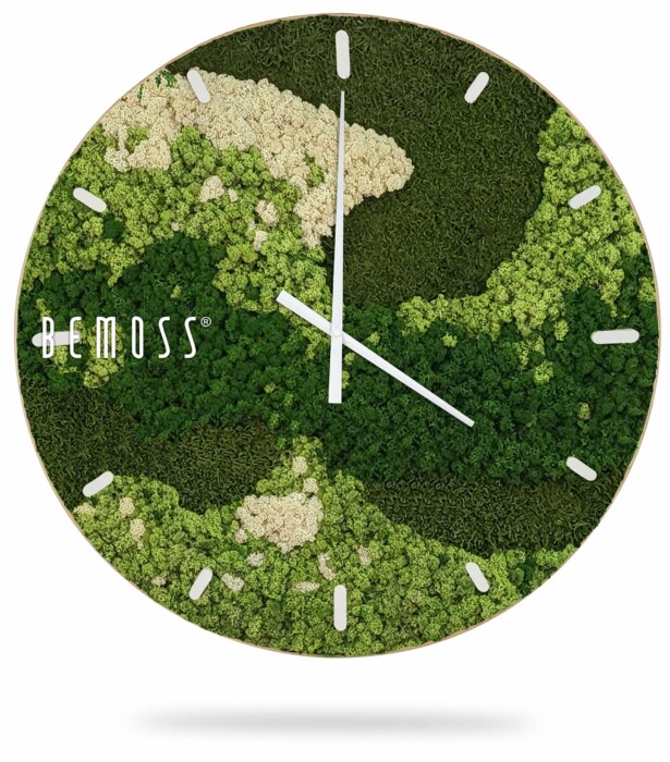 hodiny se zeleným a bílým designem na ciferníku a ručičkách, mechová stěna, mechové dekorace, obraz z mechu, mechová zeď, mechovy obraz, dekorativní mech