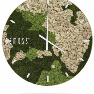 hodiny, na ktorých rastie mach, na ktorých je bielymi písmenami na bielom pozadí slovo mach, ekologické umenie , machovy obraz, stabilizovany mach, machová stena, machová dekorácia