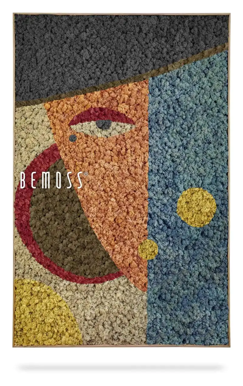 obraz muža s klobúkom na hlave a menom pod ním, ktoré znie bemos, abstraktné umenie , machovy obraz, stabilizovany mach, machová stena, machová dekorácia