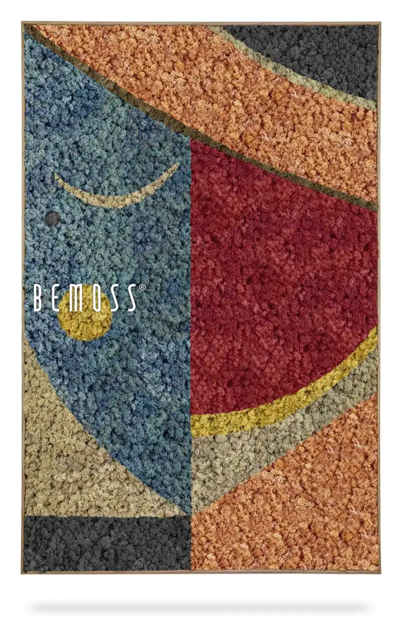 obrázok farebnej abstraktnej maľby s nápisom bemos a obrázkom loďky, abstraktné umenie , machovy obraz, stabilizovany mach, machová stena, machová dekorácia