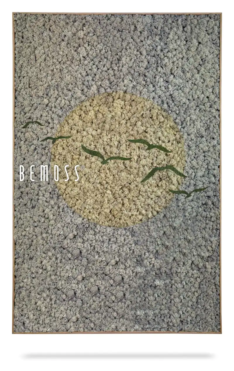 obrázok rastliny s nápisom bemos v kruhu skál a štrku machovy obraz, stabilizovany mach, machová stena, machová dekorácia