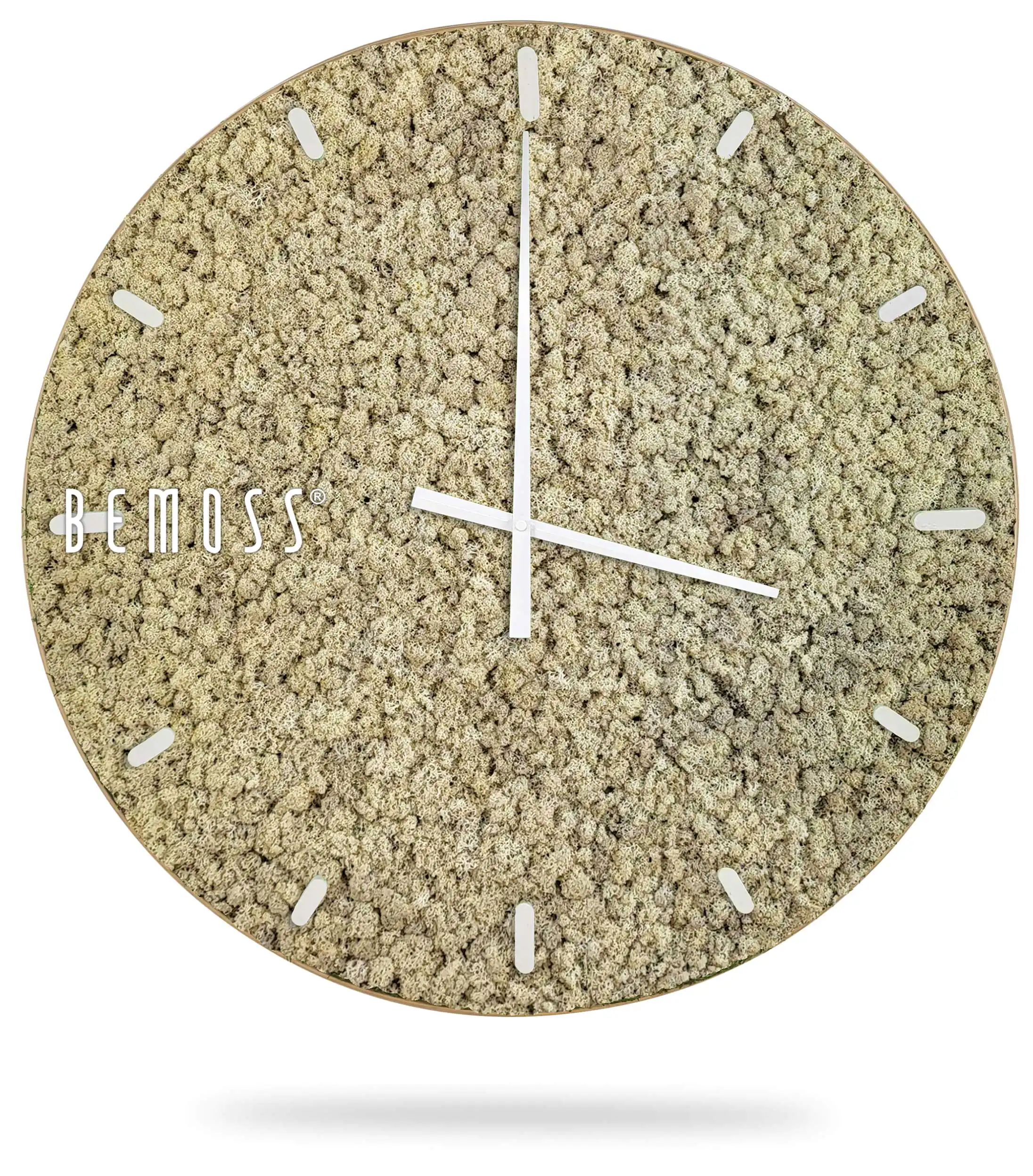 hodiny s bielymi ručičkami a číslami na ciferníku a bielym pozadím s bielymi číslami machovy obraz, stabilizovany mach, machová stena, machová dekorácia