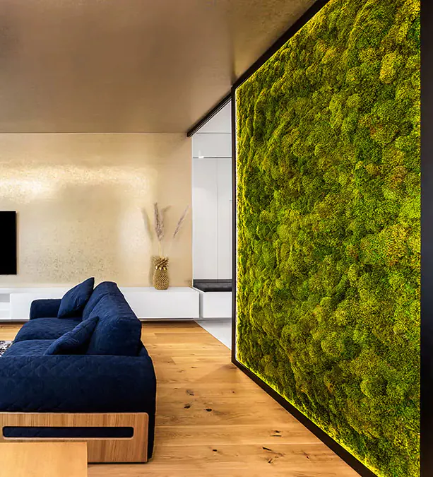 obývačka s gaučom a machovou stenou v rohu izby , environmentálne umenie, machovy obraz, stabilizovany mach, machová stena, machová dekorácia